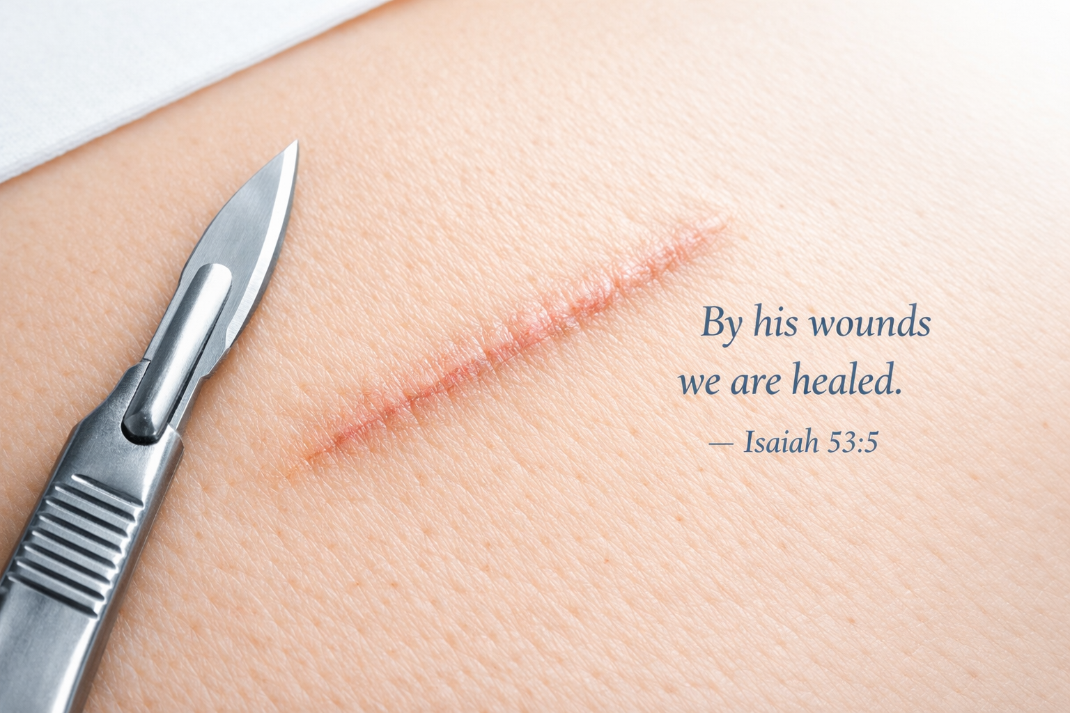 Surgical scalpel beside a healed scar on skin in clean medical light with Isaiah 53:5 verse text
